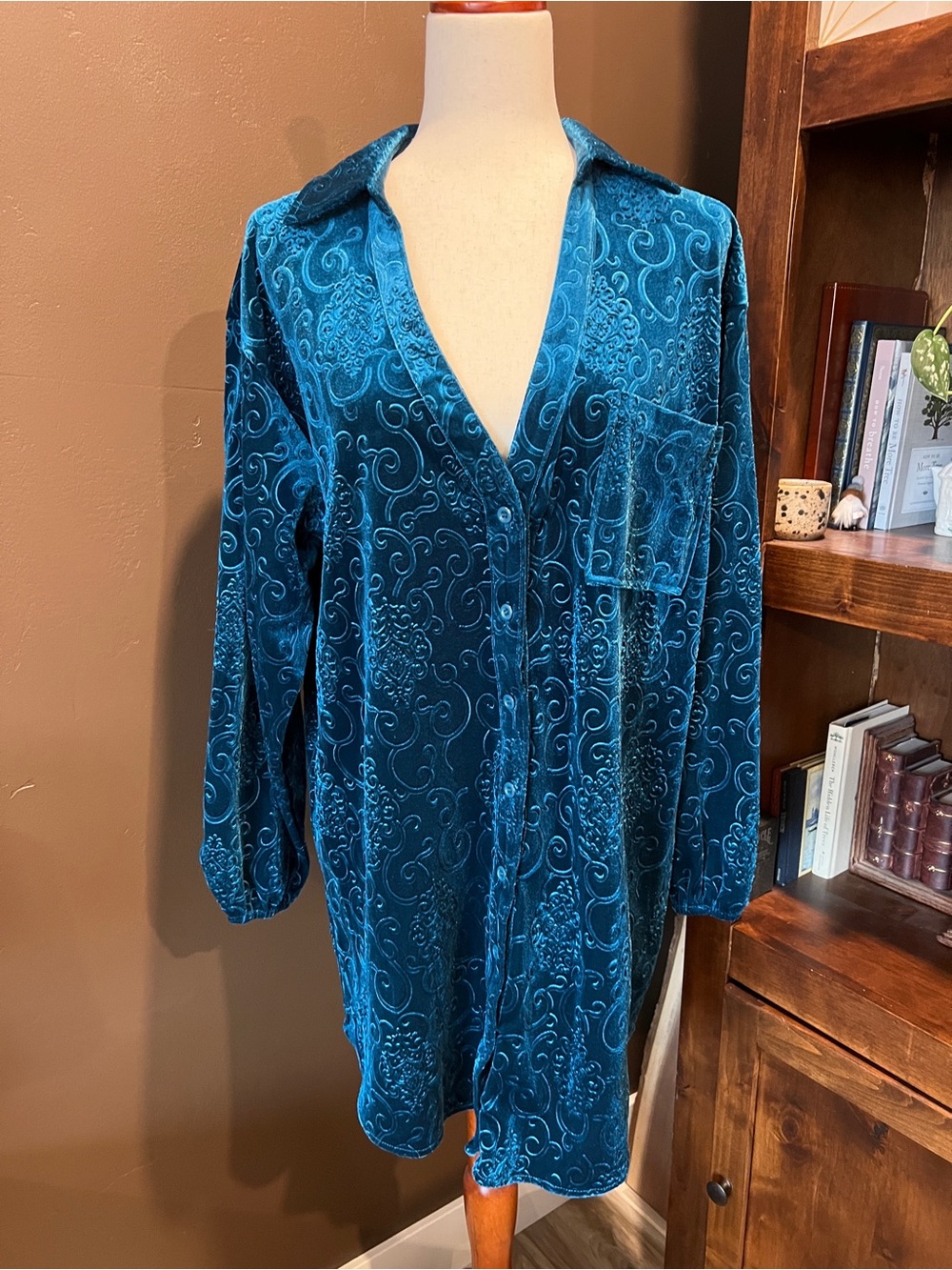 12th Tribe Teal Embossed Velvet Button-Down Dress